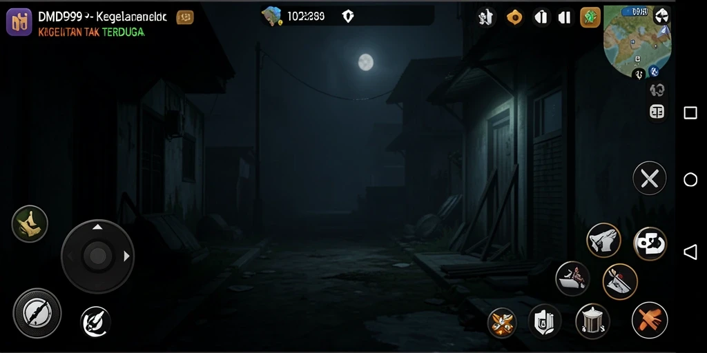 Menampilkan gameplay DMD999 dengan atmosfer mencekam dan suasana gelap.