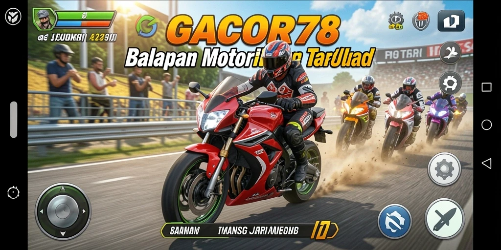 Screenshot gameplay GACOR78 yang menunjukkan aksi balapan motor yang seru.