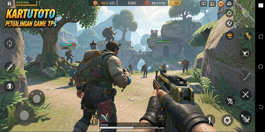 Screenshot menampilkan aksi menegangkan dalam KARTUTOTO dengan senjata siap tempur.
