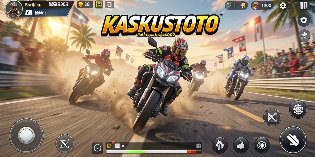 Screenshot gameplay KASKUSTOTO menampilkan balapan motor yang mendebarkan.