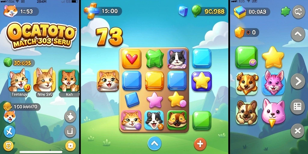 Screenshot OCATOTO menampilkan gameplay Match-3 yang adiktif.