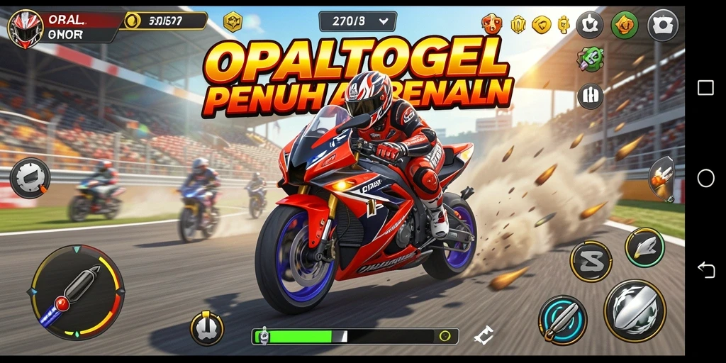 Screenshot gameplay OPALTOGEL menampilkan aksi balap motor yang menegangkan.